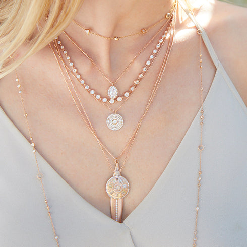 a modern, textural alternative to our 14.5mm Carrie diamond mosaic pendant necklace<br>here, in a closeup of shop the look > al fresco <span class='visuallyhidden'>Call, text 323-404-2959 for shopping assistance.</span>